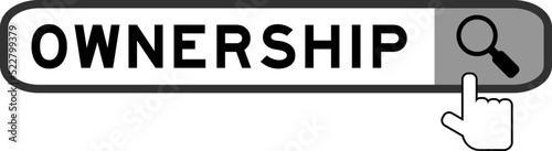Search banner in word ownership with hand over magnifier icon on white background