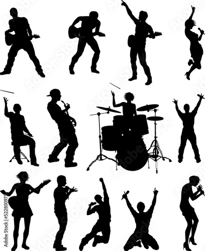 A set of high quality musicians, rock or pop band singers, drummers, and guitarists silhouettes