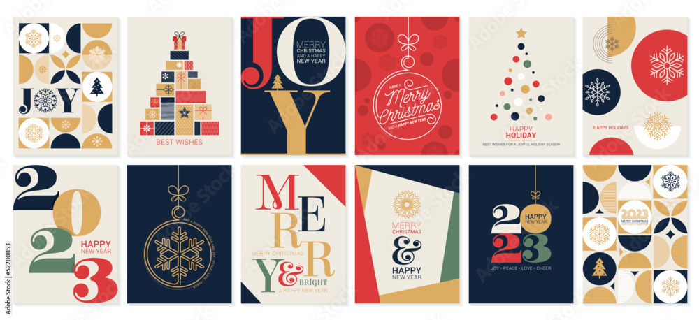 © FourLeafLover - Hand drawn vector abstract fun Merry Christmas time cartoon illustrations greeting cards template and backgrounds big collection set with gift boxes,people and Xmas tree isolated on white background