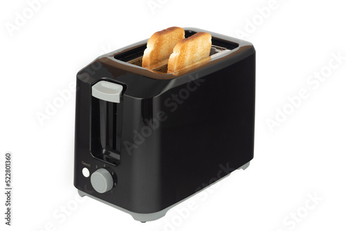 Black toaster with toasts isolated on white background