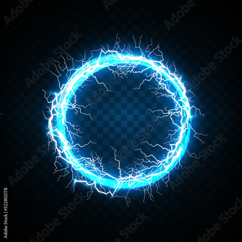 Ball lightning on a transparent dark blue background. Vector illustration, abstract electric lightning strike in the dark blue sky. Light flash, thunder, spark.