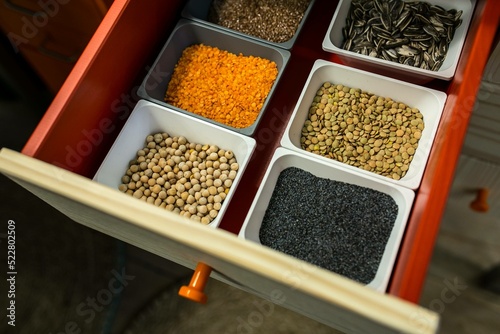 Containers with legume foods and seeds