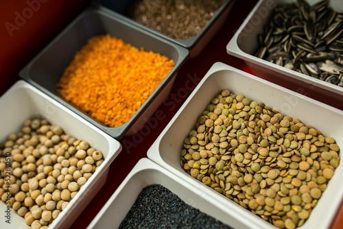 Containers with legume foods and seeds