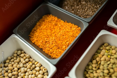 Containers with legume foods and seeds