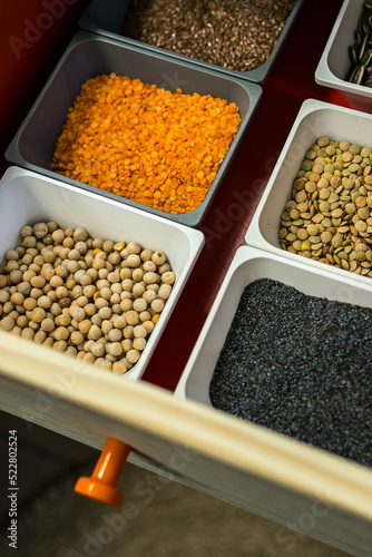 Containers with legume foods and seeds