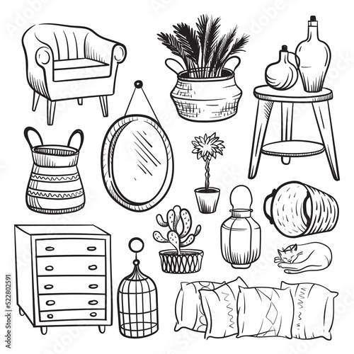 Decor and furniture items for home furnishing. Vector sketch in doodle style.