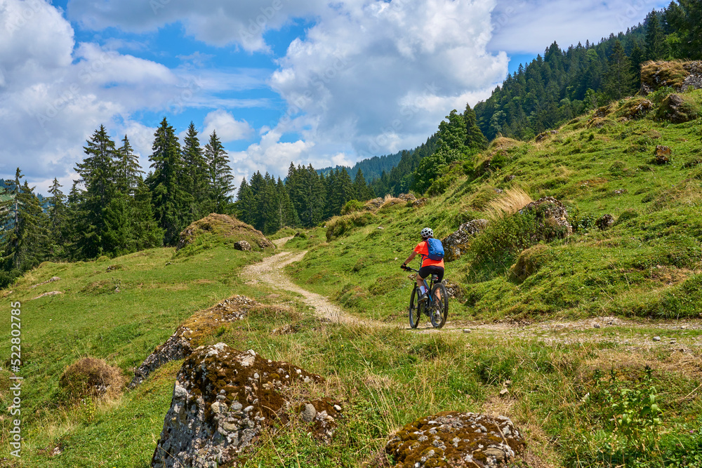 Fototapeta premium nice senior woman riding her electric mountain bike in the Bregenz Forest mountains near Hittisau, Vorarlberg Austria