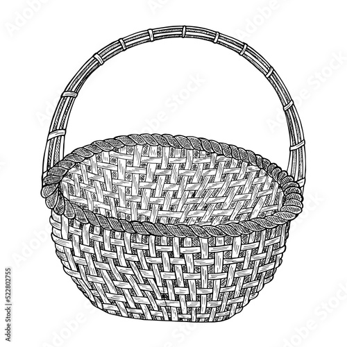 Hand-drawn empty wicker picnic basket, bread. A black and white basket with a handle made of branches. The object is highlighted on a white background.