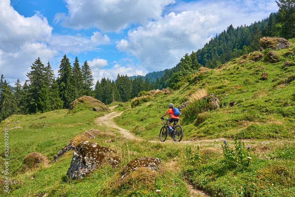 Fototapeta premium nice senior woman riding her electric mountain bike in the Bregenz Forest mountains near Hittisau, Vorarlberg Austria