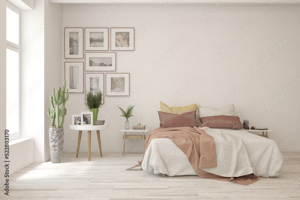 Fototapeta premium White bedroom interior. Scandinavian design. 3D illustration
