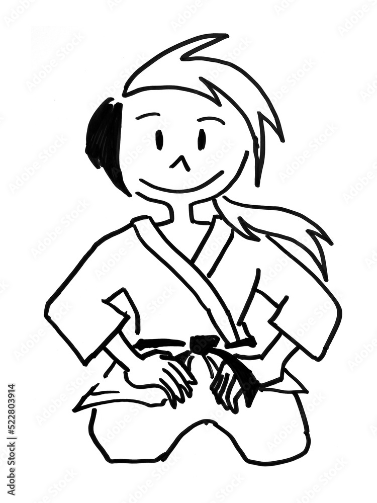 A judo boy in Seiza position with smiling expression