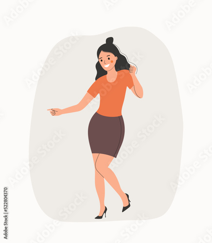 Young woman dance to music. Woman stand full body. Flat style cartoon vector illustration.