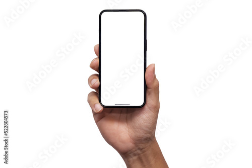 Hand holding the PNG of smartphone iphone with blank screen and modern frameless design, hold Mobile phone on transparent background Ideal for marketing, app design : Bangkok, Thailand - July 13, 2022