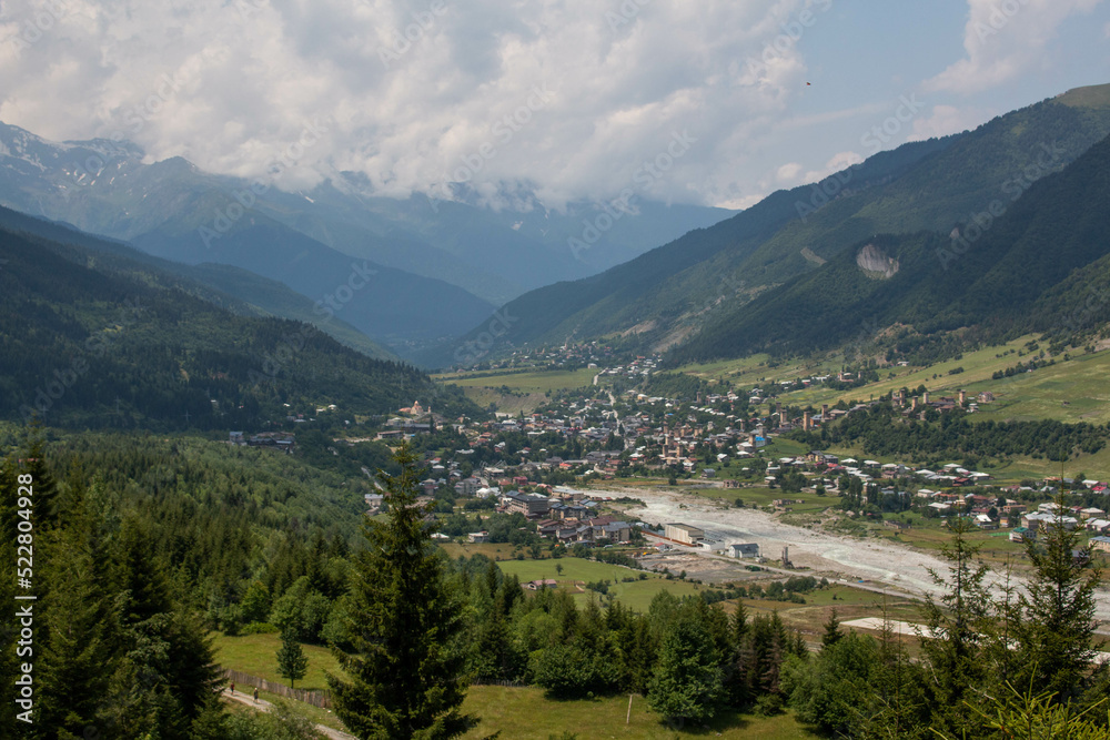 Fototapeta premium Panoramic view of the city of Mestia and surroundings, in Geogia.