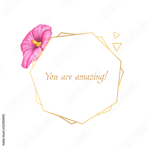 Golden frame. Frame with pink flowers. Mallow flower.