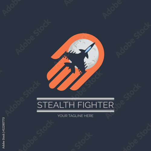 flying stealth jet fighter moon palm hand logo design template for brand or company and other