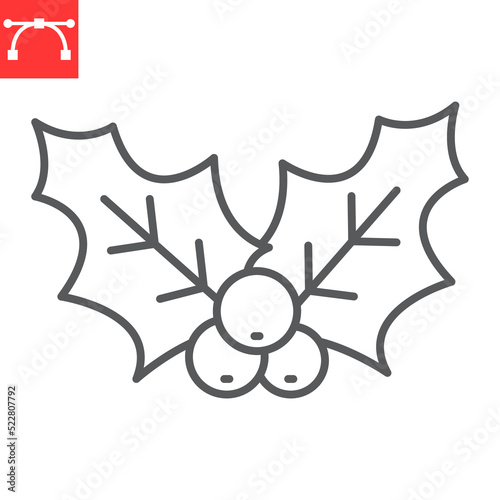 Christmas holly berry line icon, holiday and decoration, holly berry christmas vector icon, vector graphics, editable stroke outline sign, eps 10.