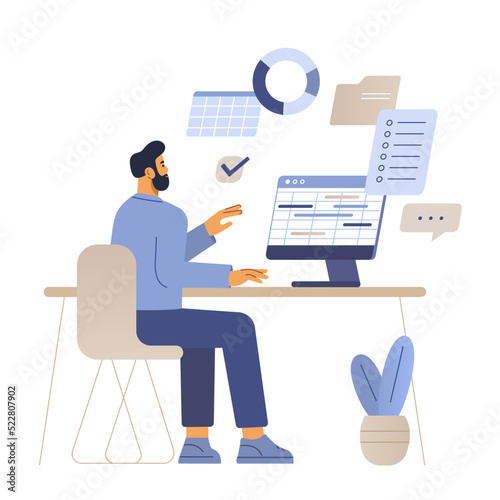 The manager works in the office. The analyst makes a plan at a computer with user interface windows. IT professional workflow concept. Vector illustration in flat design isolated on white.