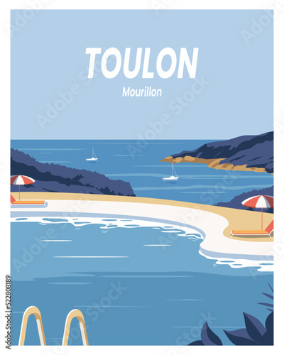 Summer on pool with view on Toulon France. vector poster illustration