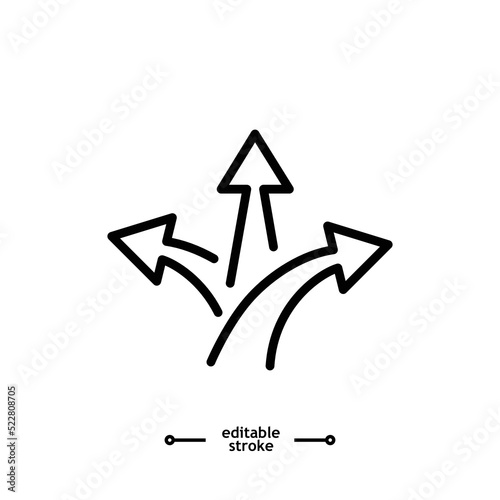 Three way direction arrow vector, sign, symbol, logo, illustration, editable stroke, flat design style isolated on white linear