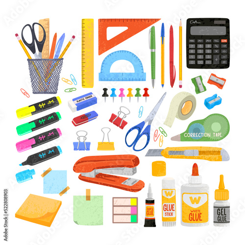 Vector colorful illustrations of office supplies and hand drawn lettering