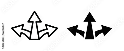 Three way direction arrow vector, sign, symbol, logo, illustration, editable stroke, flat design style isolated on white linear