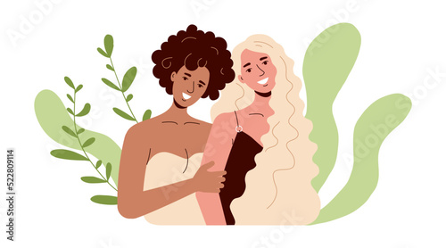 Colored girls smile in eco style. Lesbians smile, lgbt family.