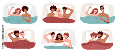 A set of different colored people in bed. A variety of lgbt couples have sex under a blanket. Free love