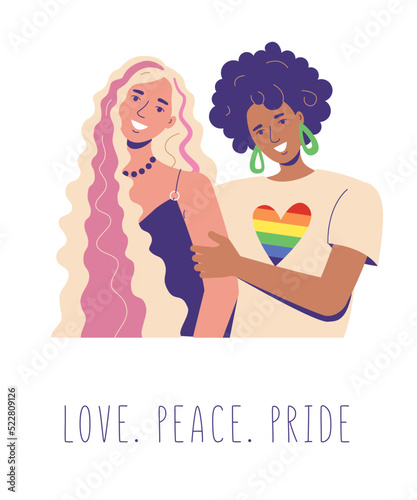 Lesbians hug. dark and white women are smiling happily. Rainbow LGBT flag on the T-shirt. LOve. peace. pride