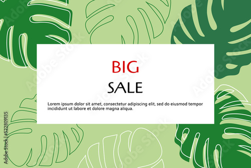 Big sale banner template with tropical succulent leaves. Vector illustration of a shopping day