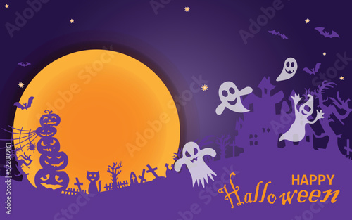 Halloween sale banner horizontal. Holiday promotion banner with flying ghost, ghost, black spider and bat, scary pumpkin, zigzag and confetti on orange background, vector illustration.