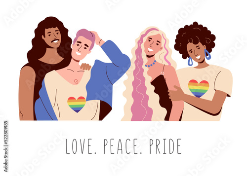 LGBT couples are happy and show a rainbow flag. Gays and lesbians. LOve. peace. pride. Vector