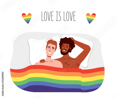Gay men lie under the rainbow flag of lgbt. Guys are engaged in interracial free sex