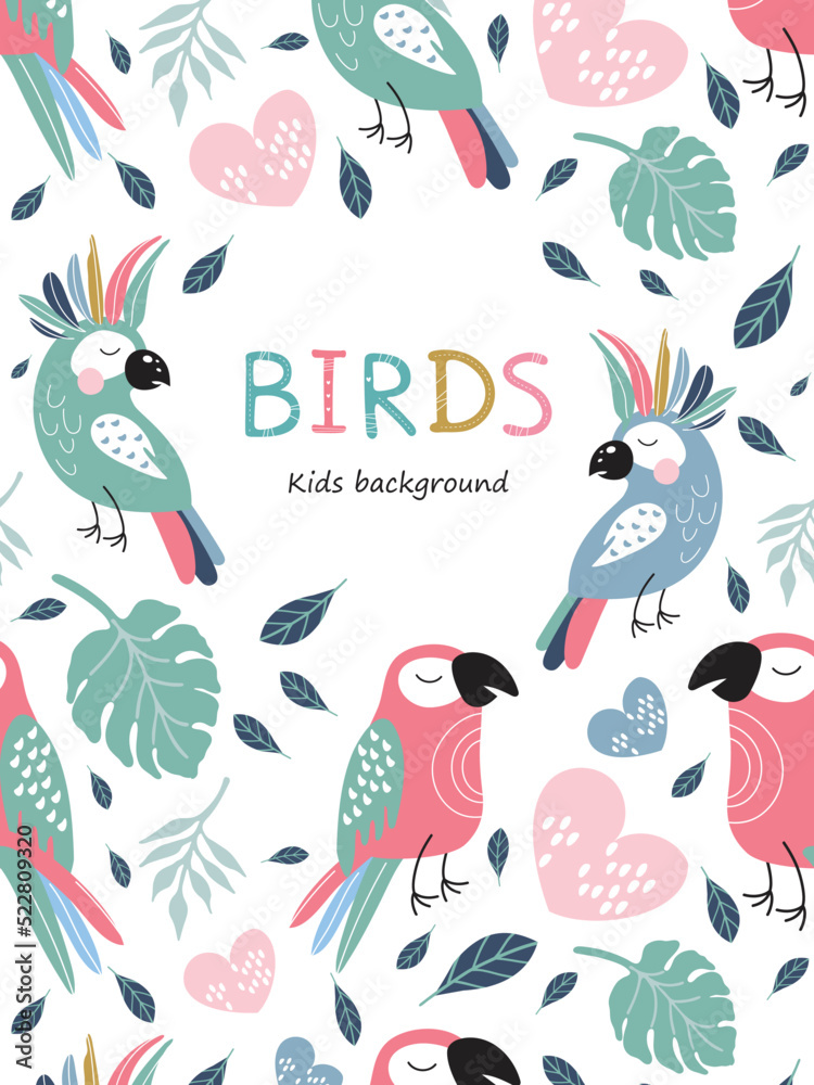 Funny cartoon multicolored parrots. Tropical birds. Children's print. Vector illustration.