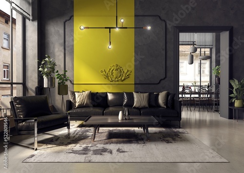 Nowoczesne i przestronne  mieszkanie w starej kamienicy. Elegancki i luksusowy salon z wygodną sofą i fotelem zaprojektowany w stylu klasycznym,  vintage i mid-century modern