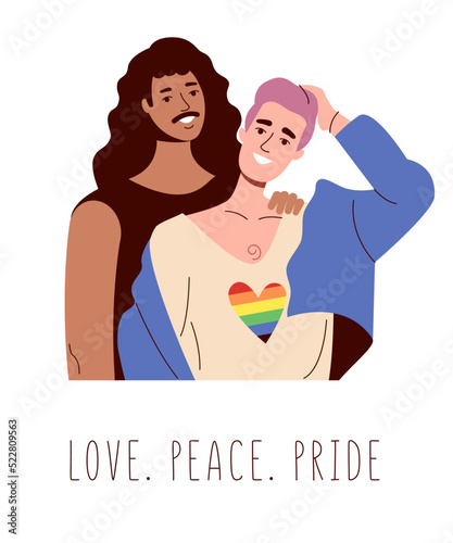 Two gay men smile and hug. Interracial lgbt, rainbow flag and love
