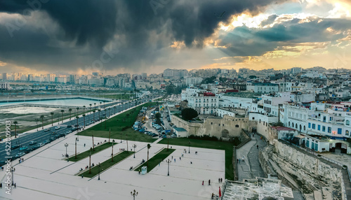 Panoramic cityscape from old fortress with view of port and coastal structure in Tangier. Morocco