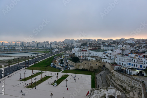 Panoramic cityscape from old fortress with view of port and coastal structure in Tangier. Morocco