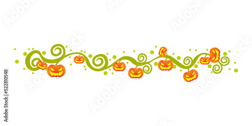 Cartoon Halloween decorative border with orange smile pumpkin and vine grass design. Isolated on white background, flat design, vector, EPS10