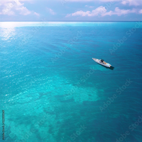 Fototapeta Naklejka Na Ścianę i Meble -  南の海 透明な海 緑の海 浮かぶ小舟 ボート クルーザー ヨット
