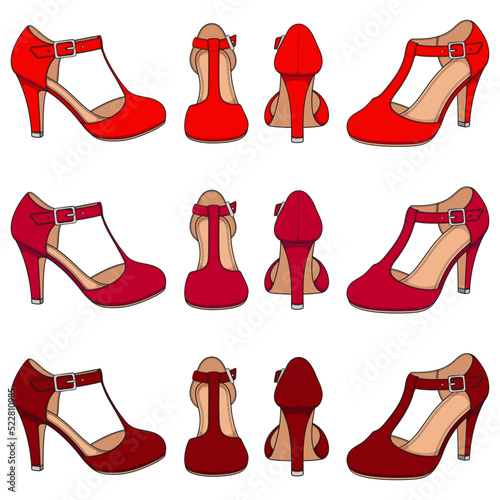 Set of color illustrations with red female shoes with clasp on the heel. Isolated vector objects on white background.