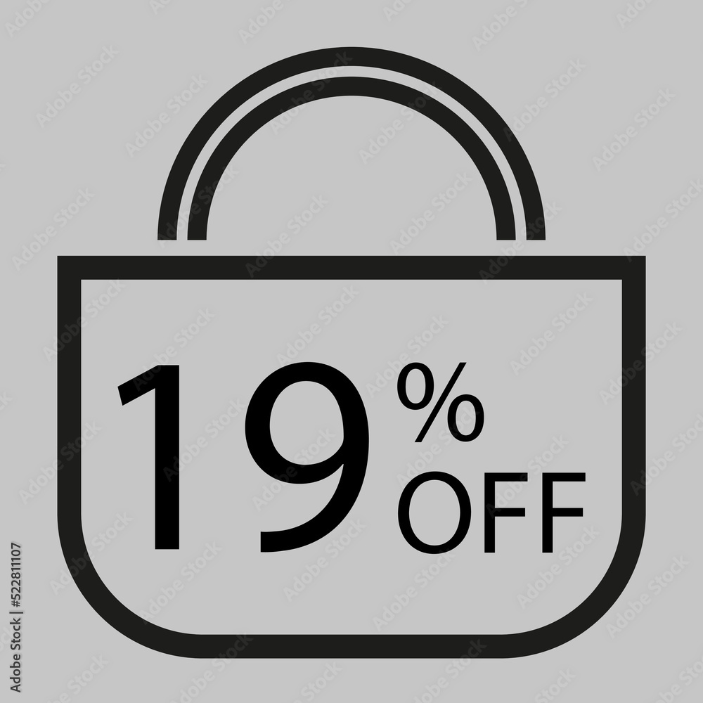 19 percent off. Gray banner with shopping bag illustration. 19 percent off. Gray banner with shopping bag illustration.