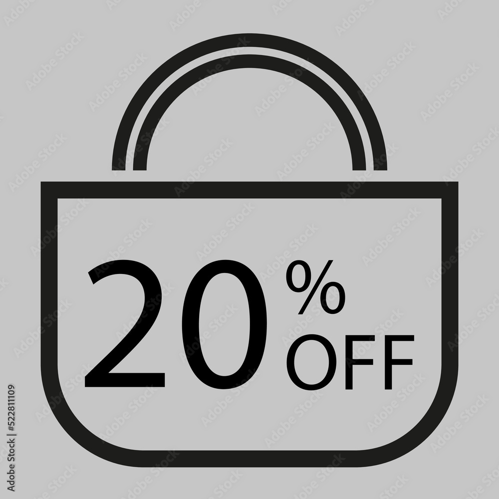 20 percent off. Gray banner with shopping bag illustration. 20 percent off. Gray banner with shopping bag illustration.