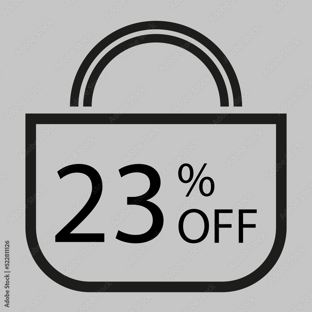 23 percent off. Gray banner with shopping bag illustration. 23 percent off. Gray banner with shopping bag illustration.