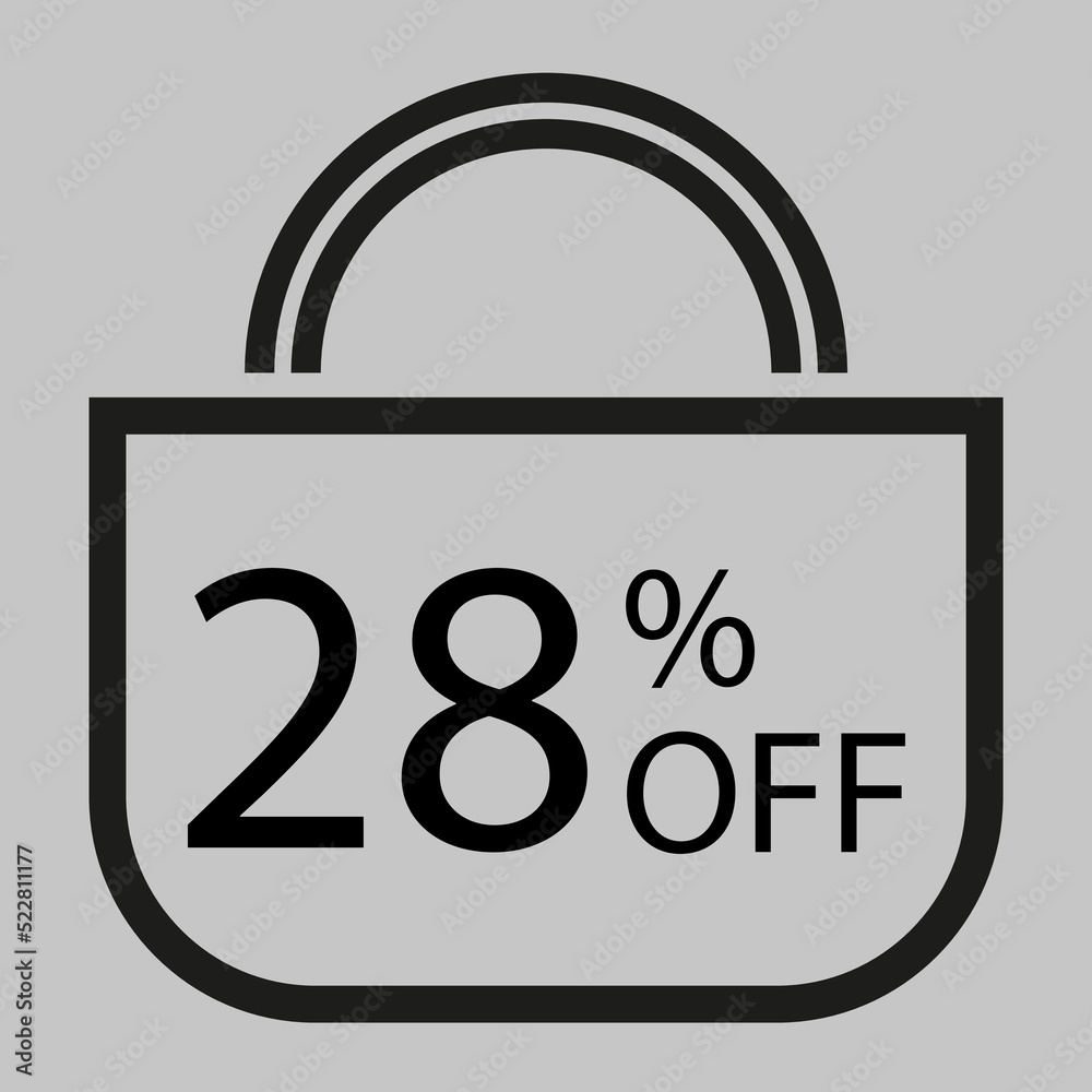 28 percent off. Gray banner with shopping bag illustration. 28 percent off. Gray banner with shopping bag illustration.