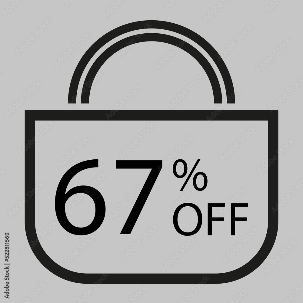 67 percent off. Gray banner with shopping bag illustration. 67 percent off. Gray banner with shopping bag illustration.