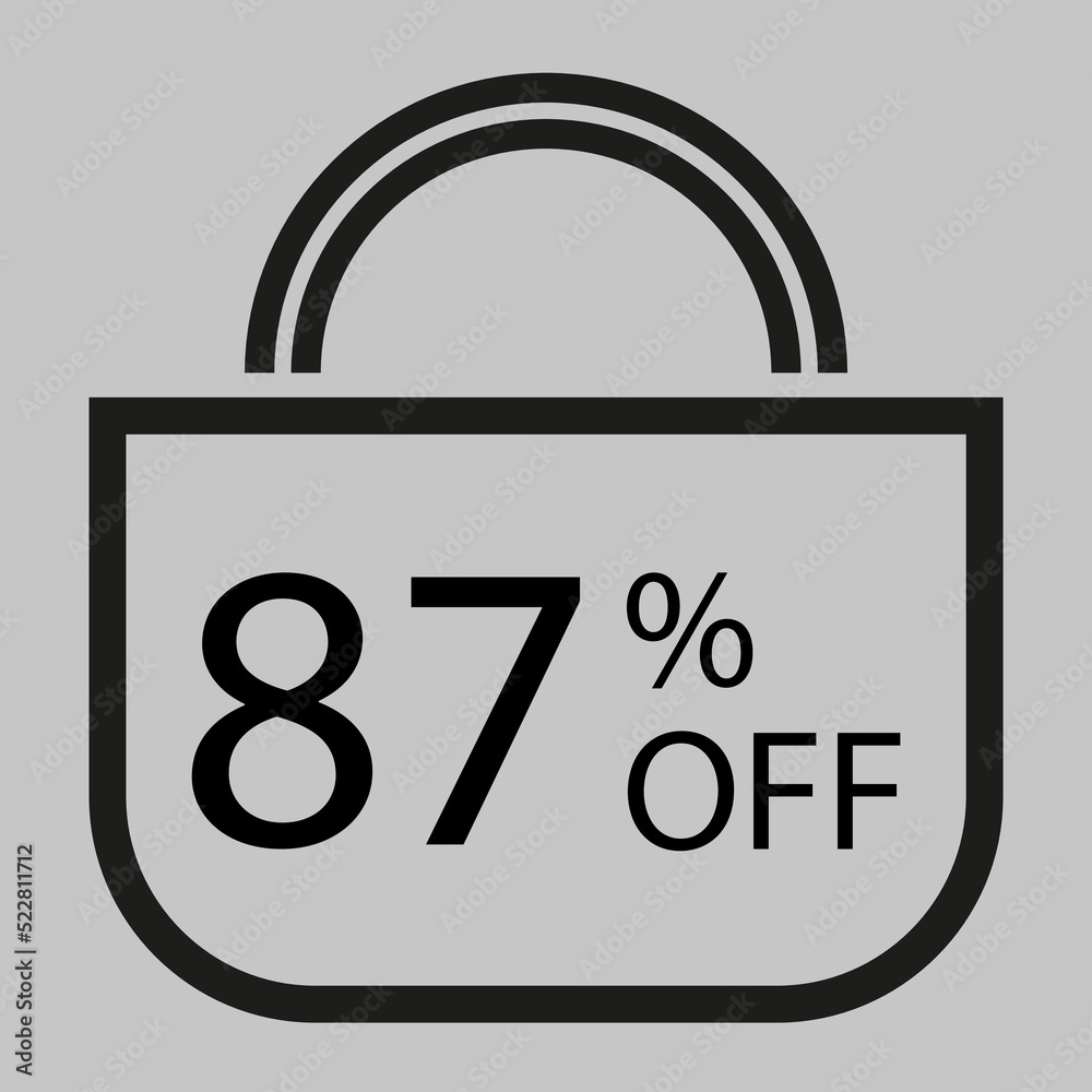 87 percent off. Gray banner with shopping bag illustration. 87 percent off. Gray banner with shopping bag illustration.
