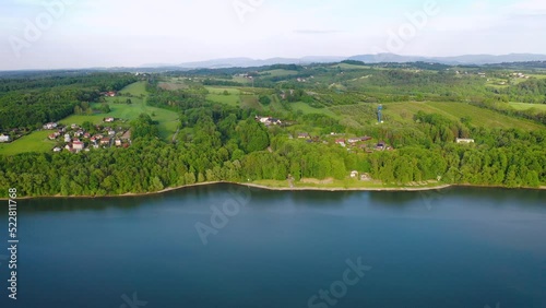 Dam water reservoir on Stonavka River in Terlicko, Czech Republic, 4k drone footage photo