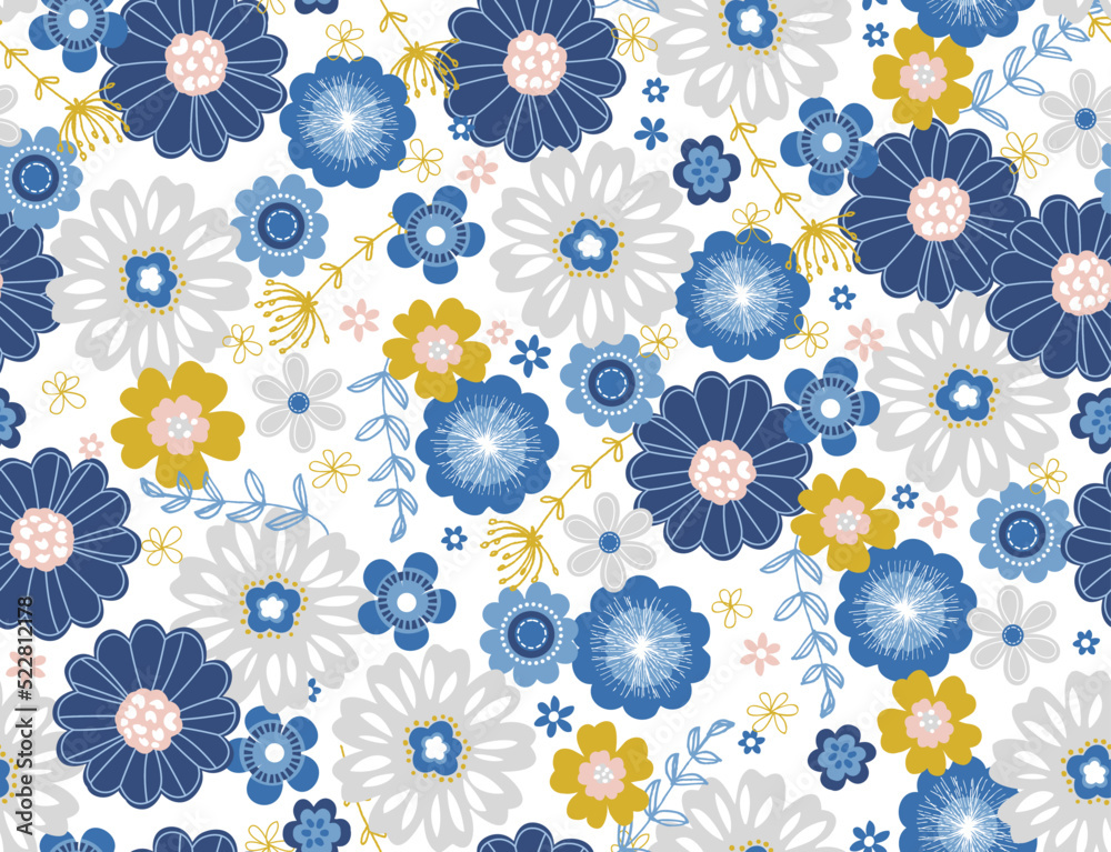 Sweet seamless floral and butterfly pattern in a bright, trendy color scheme. A modern twist on a folksy, retro floral print.