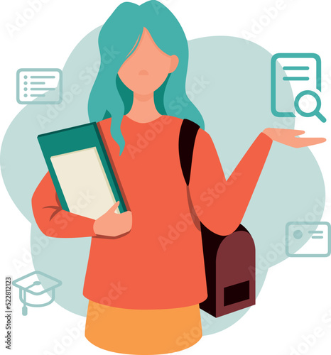 Student vector abstract flat illustration. Education concept. Girl with textbooks.